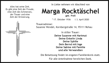 Traueranzeige von Marga Rocktäschel von Frankenpost