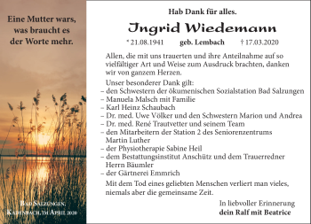 Traueranzeige von Ingrid Wiedemann von Südthüringer Presse