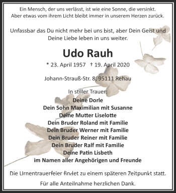 Traueranzeige von Udo Rau von Frankenpost