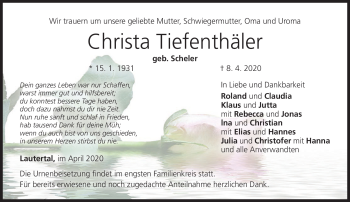 Traueranzeige von Christa Tiefenthäler von Neue Presse Coburg