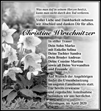 Traueranzeige von Christine Wirschnitzer von Südthüringer Presse
