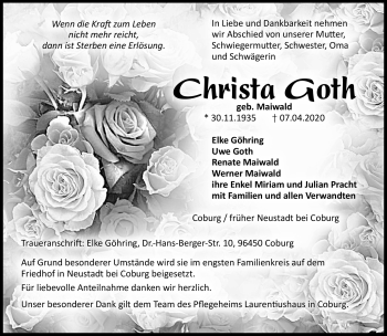 Traueranzeige von Christa Goth von Neue Presse Coburg
