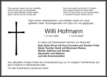 Traueranzeige von Willi Hofmann von Frankenpost
