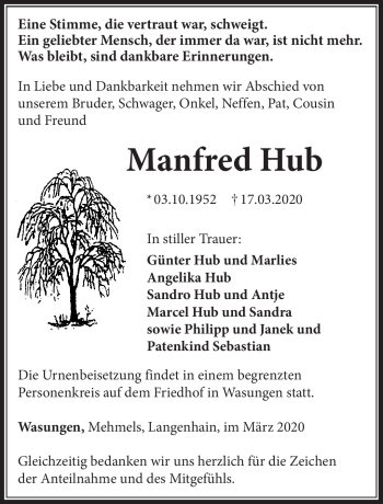 Traueranzeige von Manfred Hub von Südthüringer Presse