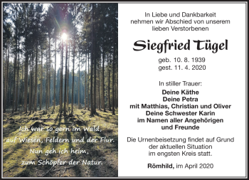 Traueranzeige von Siegfried Tügel von Südthüringer Presse