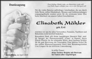 Traueranzeige von Elisabeth Mähler von Südthüringer Presse