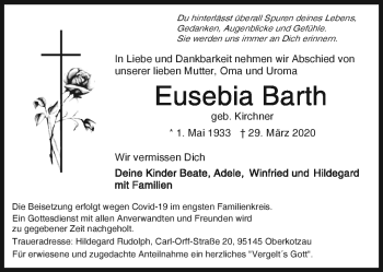 Traueranzeige von Eusebia Barth von Frankenpost