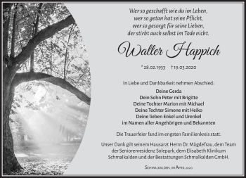 Traueranzeige von Walter Happich von Südthüringer Presse