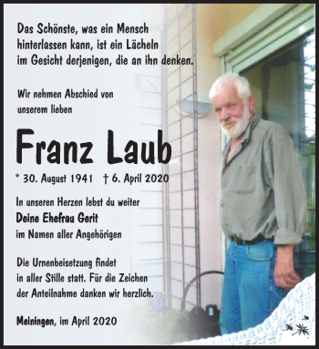 Traueranzeige von Franz Laub von Südthüringer Presse