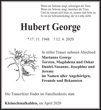 Traueranzeige von Hubert George von Südthüringer Presse