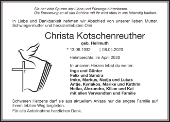 Traueranzeige von Christa Kotschenreuther von Frankenpost