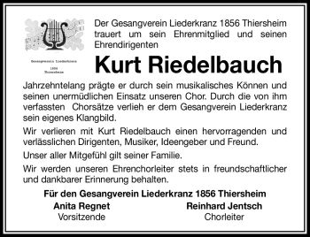 Traueranzeige von Kurt Riedelbauch von Frankenpost