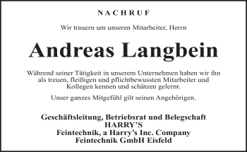 Traueranzeige von Andreas Langbein von Südthüringer Presse