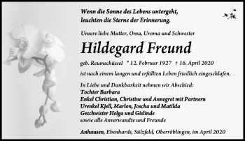 Traueranzeige von Hildegard Freund von Südthüringer Presse