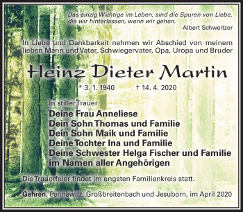 Traueranzeige von Heinz Dieter Martin von Südthüringer Presse