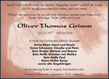 Traueranzeige von Oliver Thomas Grimm von Südthüringer Presse