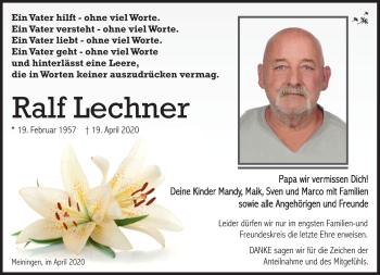 Traueranzeige von Ralf Lechner von Südthüringer Presse