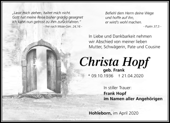 Traueranzeige von Christa Hopf von Südthüringer Presse