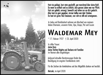 Traueranzeige von Waldemar Mey von Südthüringer Presse