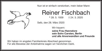 Traueranzeige von Reiner Fischbach von Frankenpost