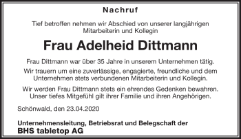 Traueranzeige von Adelheid Dittmann von Frankenpost