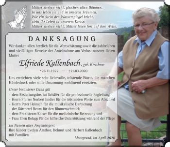 Traueranzeige von Elfriede Kallenbach von Südthüringer Presse
