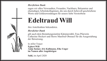 Traueranzeige von Edeltraud Will von Südthüringer Presse