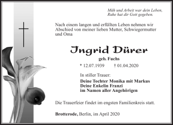 Traueranzeige von Ingrid Dürer von Südthüringer Presse