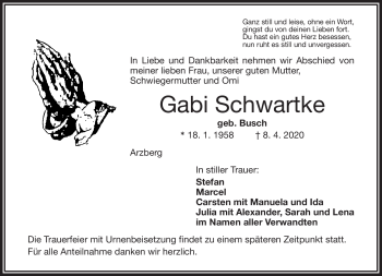 Traueranzeige von Gabi Schwartke von Frankenpost