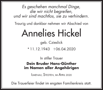 Traueranzeige von Annelies Hickel von Südthüringer Presse