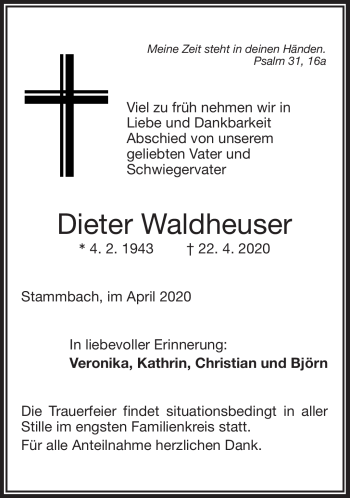 Traueranzeige von Dieter Waldheuser von Frankenpost