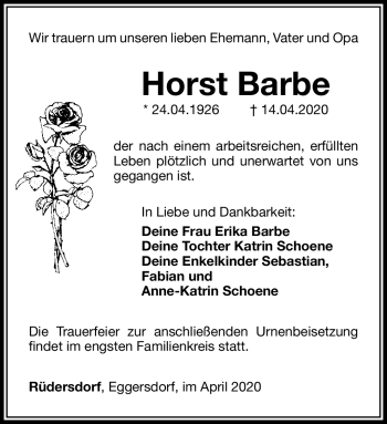 Traueranzeige von Horst Barbe von Südthüringer Presse