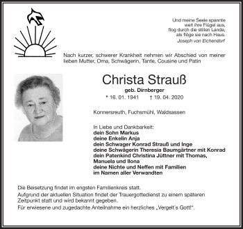 Traueranzeige von Christa Strauß von Frankenpost