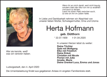 Traueranzeige von Herta Hofmann von Neue Presse Coburg