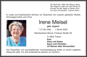 Traueranzeige von Irene Meisel von Frankenpost