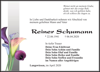 Traueranzeige von Reiner Schumann von Südthüringer Presse