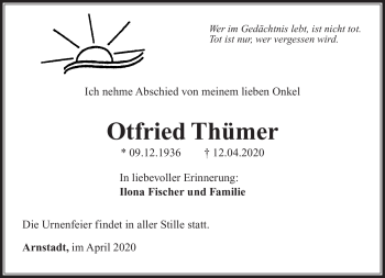 Traueranzeige von Otfried Thümer von Südthüringer Presse
