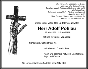Traueranzeige von Adolf Pöhlau von Frankenpost