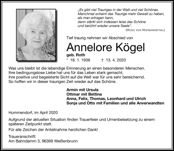 Traueranzeige von Annelore Kögel von Neue Presse Coburg