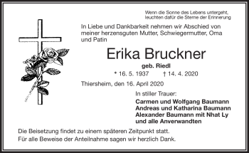 Traueranzeige von Erika Bruckner von Frankenpost