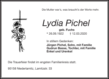Traueranzeige von Lydia Pichel von Frankenpost