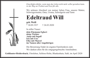Traueranzeige von Edeltraud Will von Südthüringer Presse
