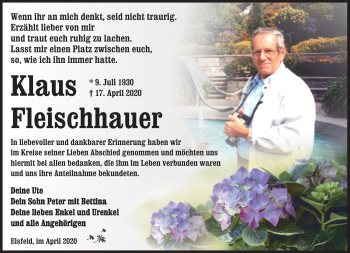 Traueranzeige von Klaus Fleischhauer von Südthüringer Presse
