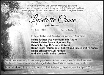 Traueranzeige von Lieselotte Crone von Südthüringer Presse