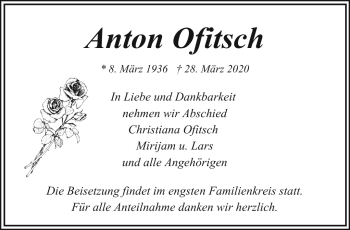 Traueranzeige von Anton Ofitsch von Frankenpost
