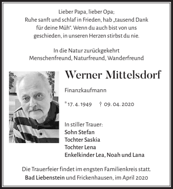 Traueranzeige von Werner Mittelsdorf von Südthüringer Presse