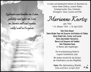 Traueranzeige von Marianne Kurtze von Südthüringer Presse