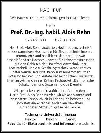 Traueranzeige von Alois Rehn von Südthüringer Presse