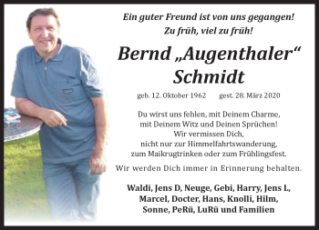 Traueranzeige von Bernd Schmidt von Südthüringer Presse