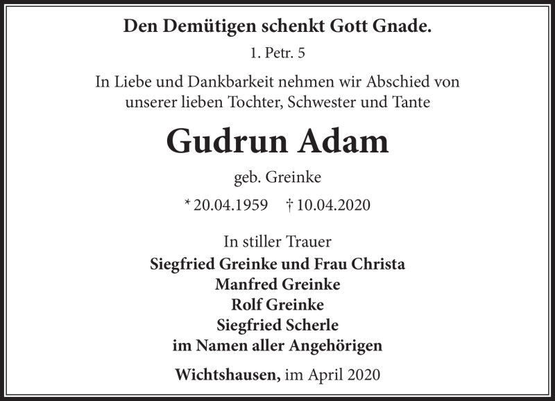  Traueranzeige für Gudrun Adam vom 18.04.2020 aus Südthüringer Presse